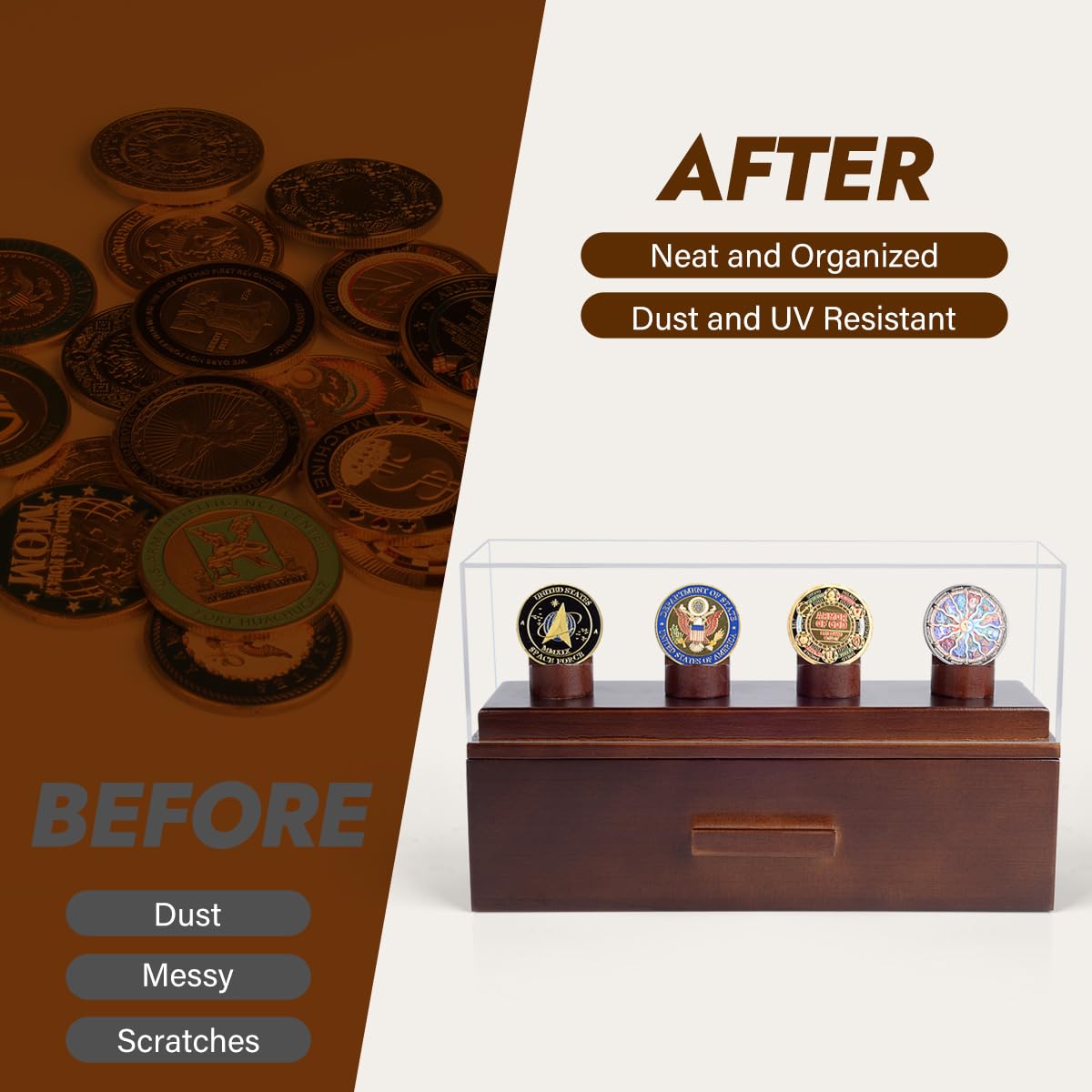 ULTRGEE Challenge Coin Display Case, Military Coin Collection Holder with Wooden Coin Box, Drawers, and Clear Acrylic Lid – Gifts for Coins Collectors (4 Pillars)