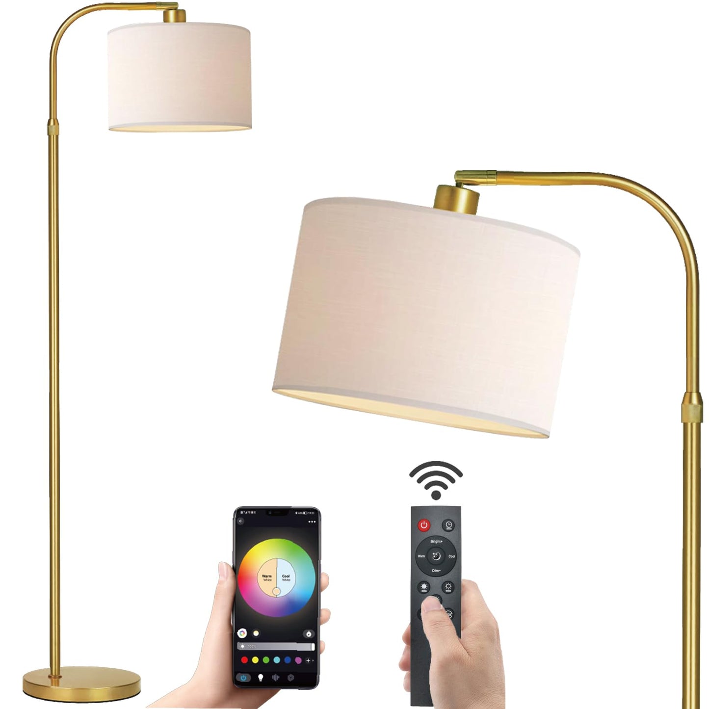FINNCHY Gold Floor Lamp with Remote Control, 1200 Lumens Adjustable Height Dimmable Arc Floor Lamp for Living Room, Modern Standing Lamp for Bedroom, Office, LED Smart Bulb Included