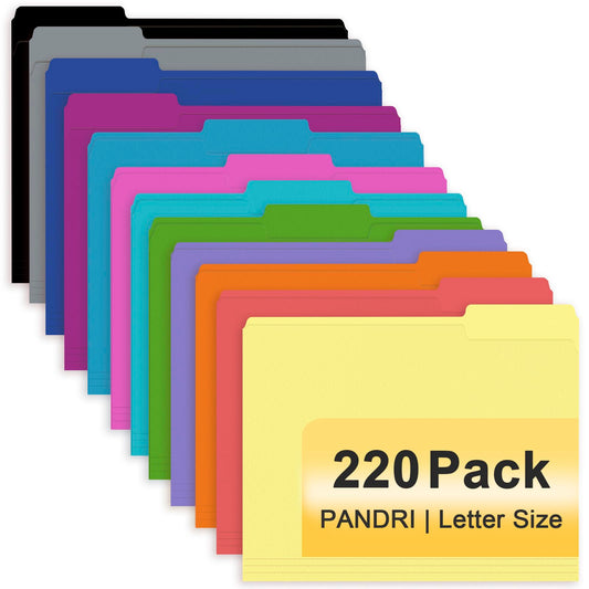 File Folder, PANDRI 220 Pack Colored File Folder, 1/3 Cut Tab, Letter Size, Assorted 12 Colors Filing Folder for Office School Business