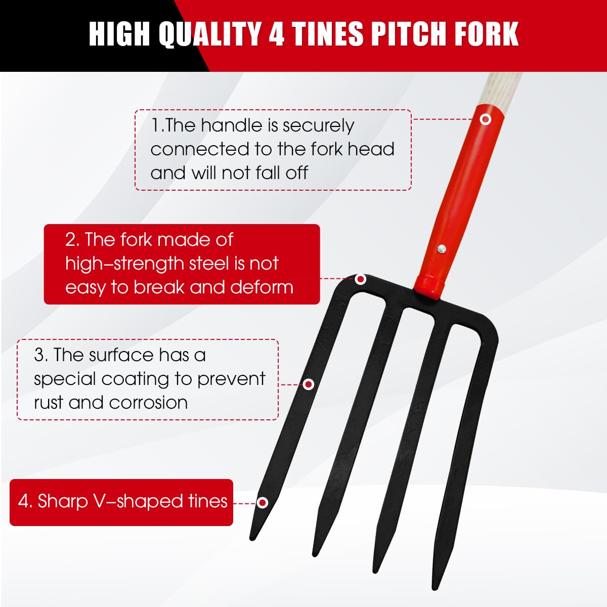 Dikuyeel Heavy Duty Garden Fork for Digging, 4 Tines Pitch Fork for Gardening Compost, Garden Pitch Fork with Wooden Handle, 45 Inches