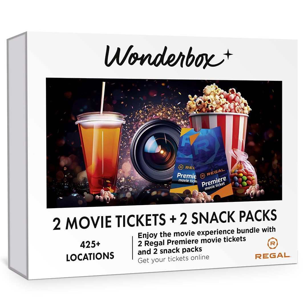 Wonderbox – REGAL Movie Bundle - 2 Premiere Movie Tickets + 2 Snack Packs – Original Gift Idea - Experience Gift - 425 Locations in The US