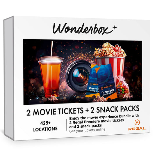 Wonderbox – REGAL Movie Bundle - 2 Premiere Movie Tickets + 2 Snack Packs – Original Gift Idea - Experience Gift - 425 Locations in The US