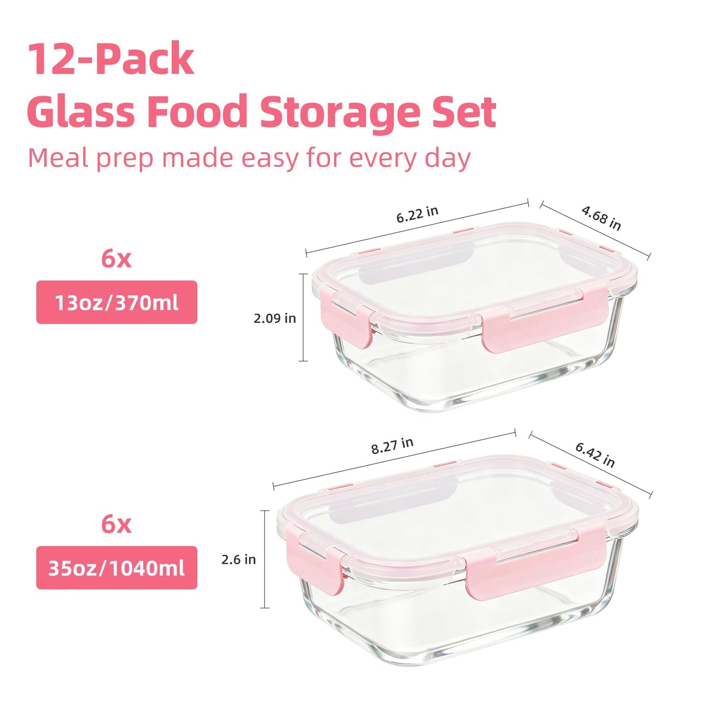 Konokyo Rectangular Glass Food Storage Containers with Lids, 12 Pack Airtight Leakproof Meal Prep Containers, BPA-Free, Microwave Oven Freezer & Dishwasher Safe, Assorted Sizes