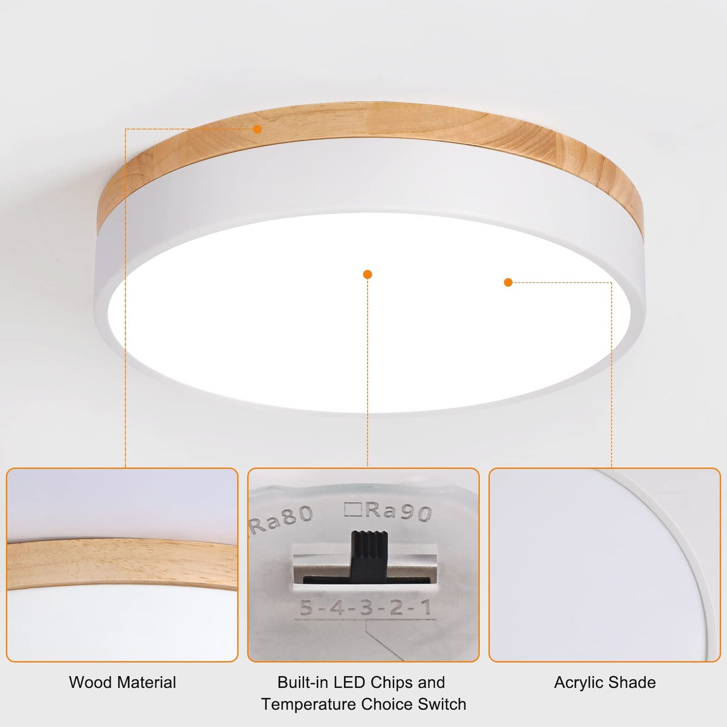 Yiisem Dimmable Wood LED Flush Mount Ceiling Light, 5CCT 2700K-6000K Modern Round Close to Ceiling Lighting Fixtures, Minimalist White Ceiling Lamp for Bedroom, Kitchen, Hallway, Laundry Room