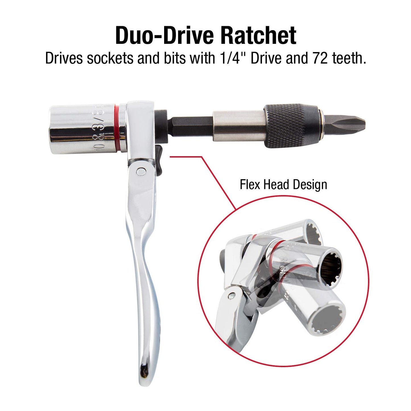 SUNEX TOOLS 9732 44Pc 1/4" Dr Mini Dual Flex Head RATCHET W Socket & Bit Set