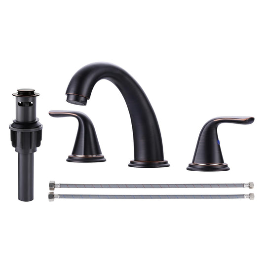 Aleasha Bathroom Sink Faucet 3 Holes Oil Rubbed Bronze, Widespread Bathroom Faucet, Washroom Faucets with Pop Up Drain, Washroom Sink Faucets with 304 Stainless Steel Lead-Free Hose