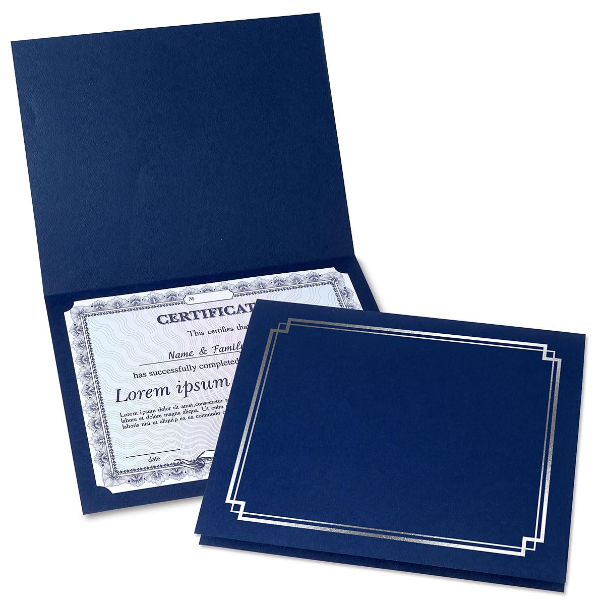 Classic Blue & Silver Certificate Folders - Pack of 25, Linen Cover 80 lb. Stock, Folded, Die-Cut Corners, for Office, Business Awards, Graduation, School Diploma Holder, 9-1/2 x 12 inches
