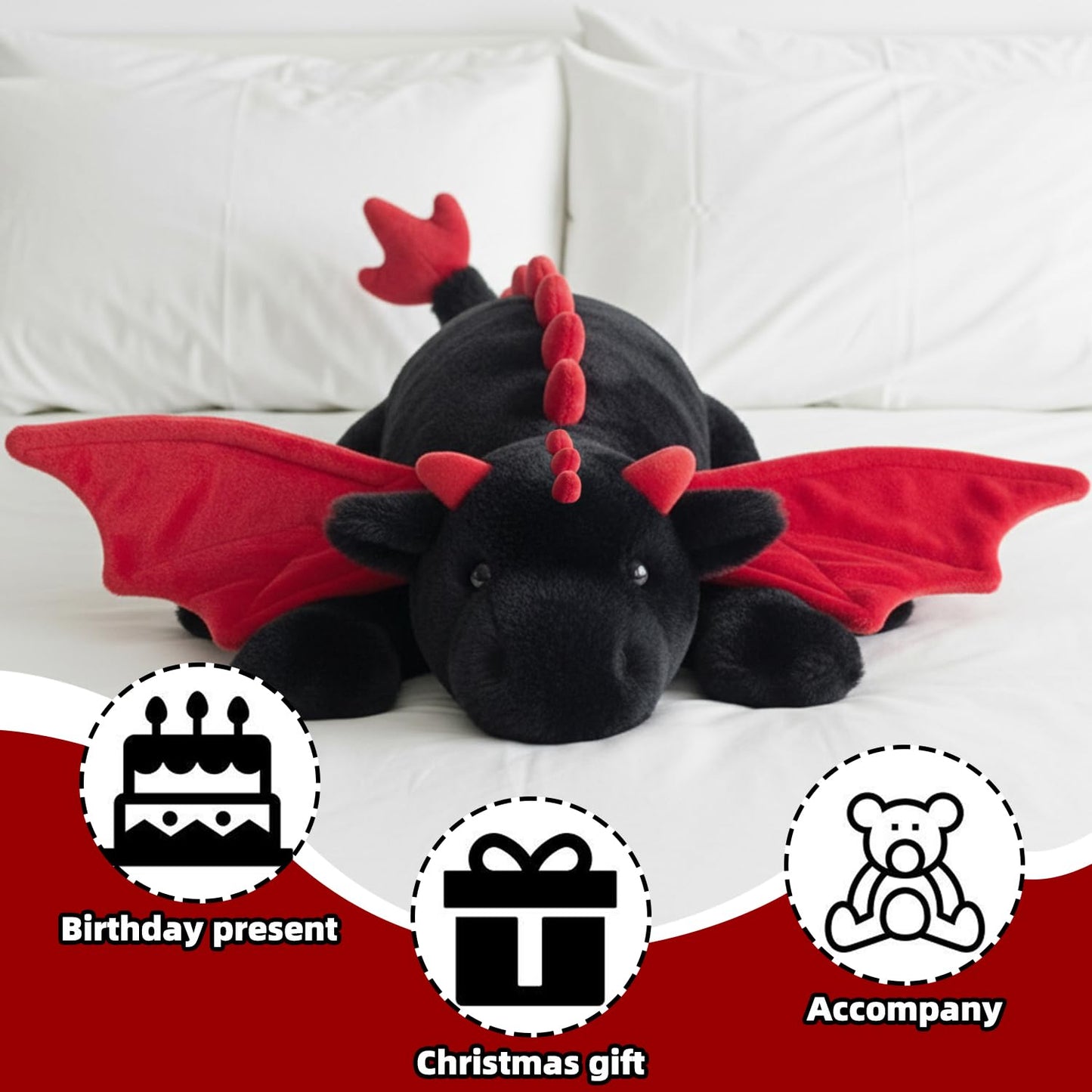 ARELUX Large 37in Cute Dragon Stuffed Animals Plush Toy Soft Black Pterosaur Plushie Giant Fuzzy Dinosaur Pillow Plushies with Wings Cuddly for Friends Family Member