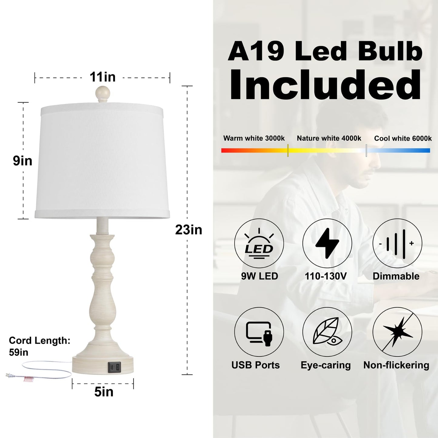 Leasgy 23'' Farmhouse Table Lamps for Living Room Set of 2 with USB C+A Ports, Retro Bedside Lamp for Bedroom, Office, Dining Room, Knob Switch, 3 Color Temperatures, Bulb Included, Beige