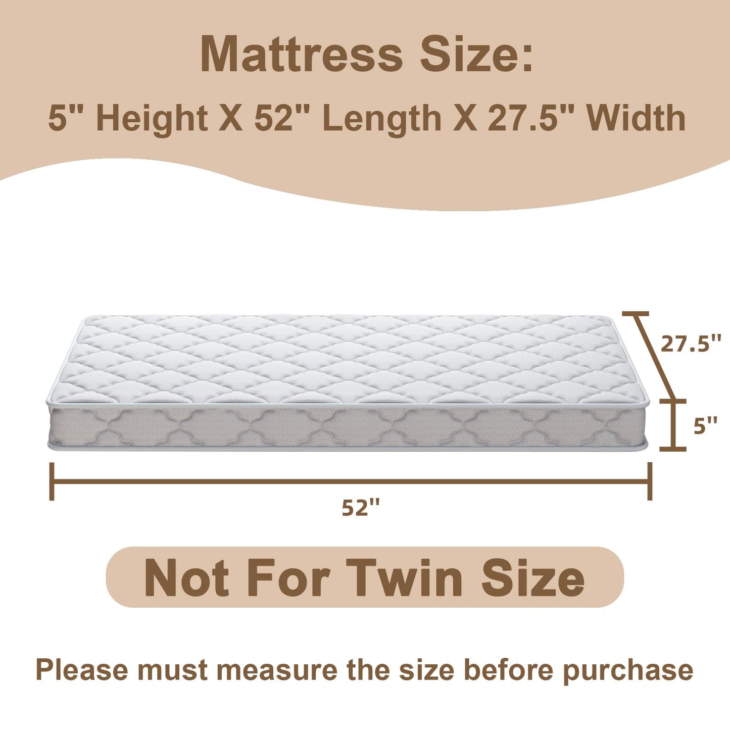 Moonlightfamily 52x27.5 Premium Mattress, NOT for Twin/Twin XL/Full Size Bed,100% Knitted Fabric, 5" Thick Firm Soft High Density Foam Mattress, Odorless and Steady, Edge Reinforced, Pure White