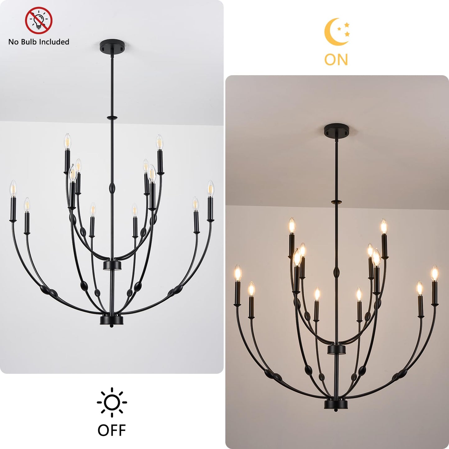 ACANER 12-Lights Black Farmhouse Chandelier for Living Room, 35 Inch 2-Tiers Large Chandeliers for High Ceilings, Modern Rustic Candle Chandelier for Foyer Entryway