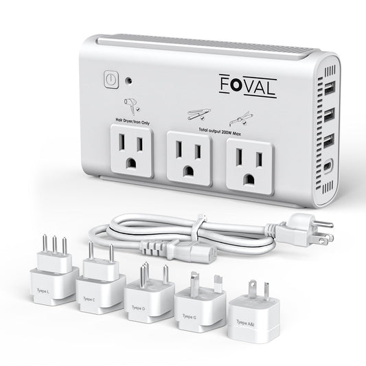 220V to 110V Travel Voltage Converter, FOVAL 2000W International Power Converter for Hair Dryer, Straightener/Curling Iron with 4-Port USB (1 USB C), Step Down Transformer for US/EU/UK/AU/Italy/India