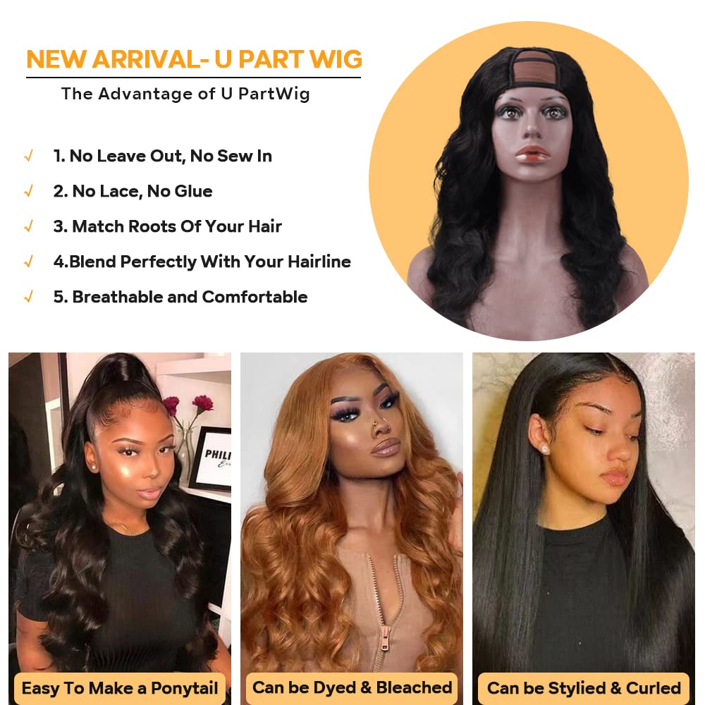Tahikie U Part Human Hair Wig Body Wave 180% Density U Part Wig Brazilian Virgin Human Hair Wig for Black Women 10A Full Head Clip in Half Wig Glueless No Leave Out Lace Front Wig Natural Color 18inch