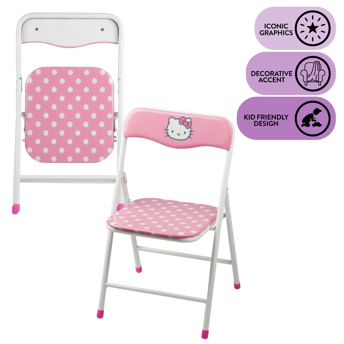 Hello Kitty Kids Activity Table and Chair Set, 3-Piece Square Table with 2 Folding Chairs, Sanrio Character Design,Furniture Set for Ages 3+