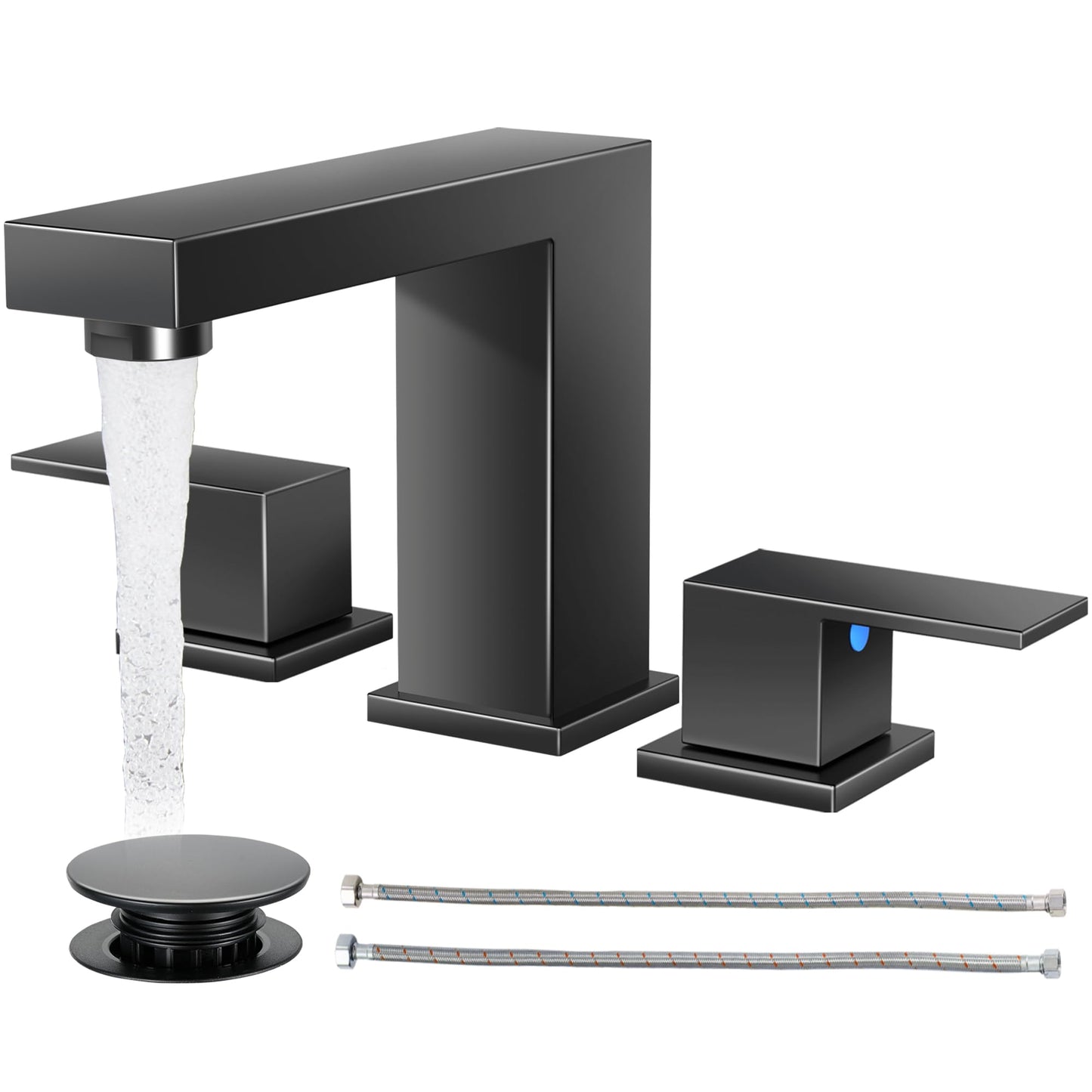 Cobbe Bathroom Faucets for Sink 3 Hole, Matte Black Bathroom Sink Faucet Square 8 inch Widespread with Pop-Up Drain, 2 Handle and 2 Supply Hoses, Lead-Free Stainless Steel for Vanity, Rv, Farmhouse