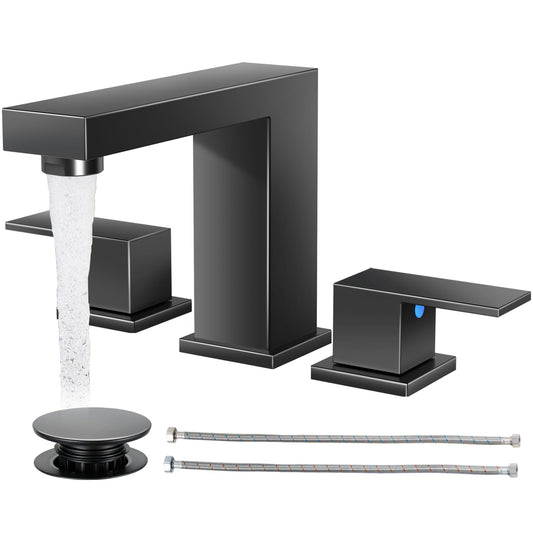 Cobbe Bathroom Faucets for Sink 3 Hole, Matte Black Bathroom Sink Faucet Square 8 inch Widespread with Pop-Up Drain, 2 Handle and 2 Supply Hoses, Lead-Free Stainless Steel for Vanity, Rv, Farmhouse