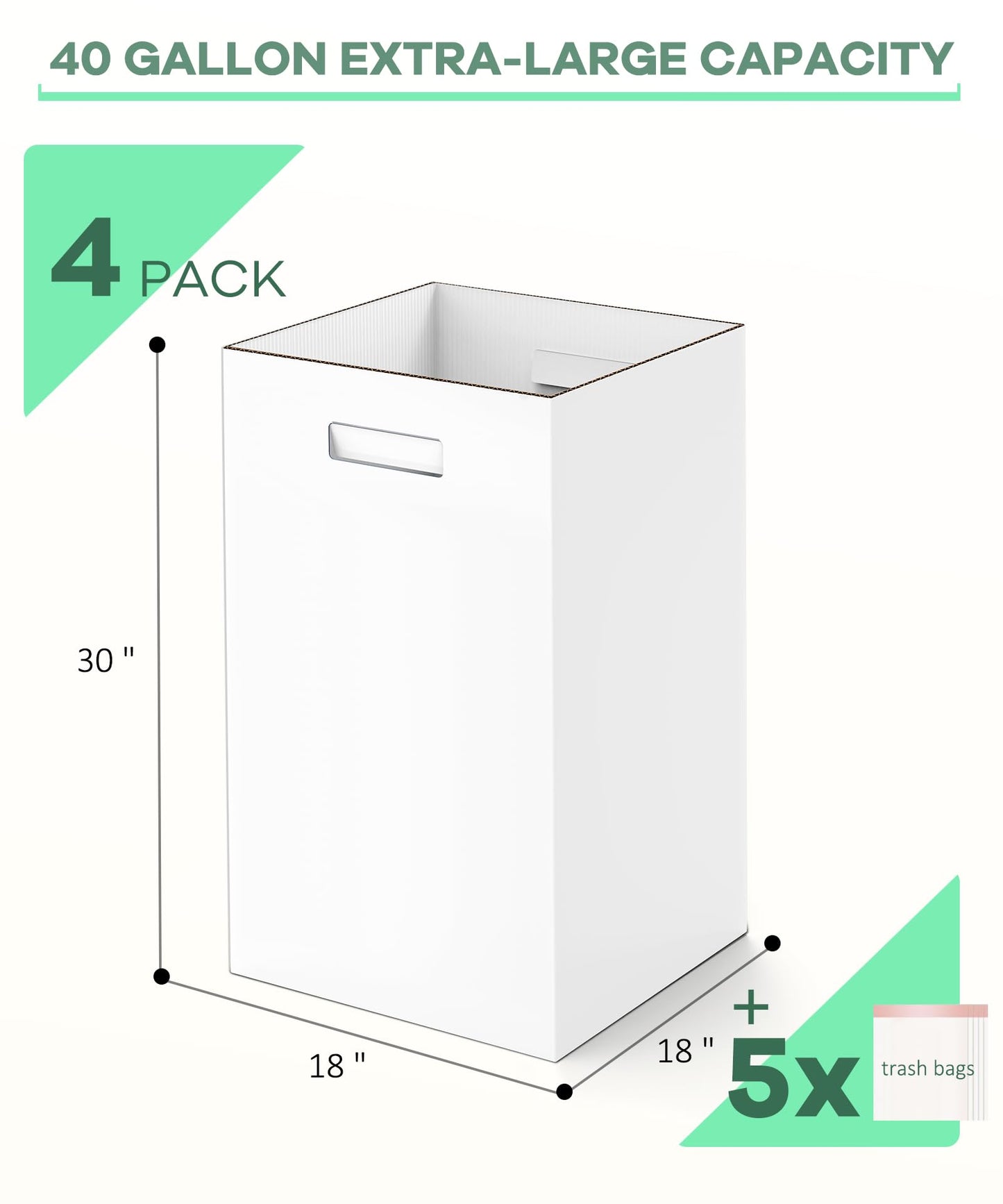 4 Pack Corrugated Cardboard Disposable Trash Cans for Parties, 40 Gallon Collapsible Garbage Cans with Handle, Thick Foldable Bins for Party Events Camping Beach(18" L x 18" W x 30" H), White