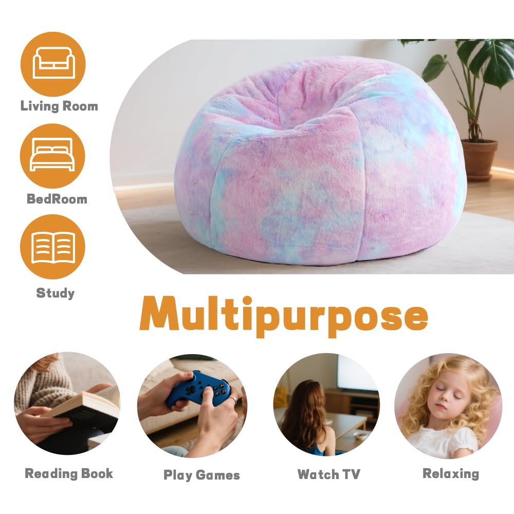 Modern Soft Fluffy Bean Bag Chair With Faux Rabbit Fur Cover, Memory Foam Bean Bag Chairs For Kids Teens, Furry Fuzzy Faux Fur Fabric Beanbag, Round Rainbow Plush Sofa For Bedroom, Living Room, Dorm