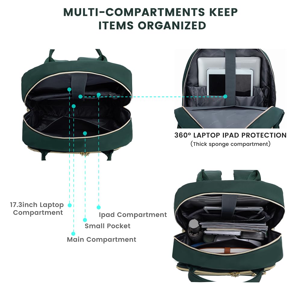 LOVEVOOK Laptop Backpack for Women, Water Resistant Travel Work Backpacks Purse Stylish Business Teacher Nurse Computer Bag with USB Charging Port,Dark Green