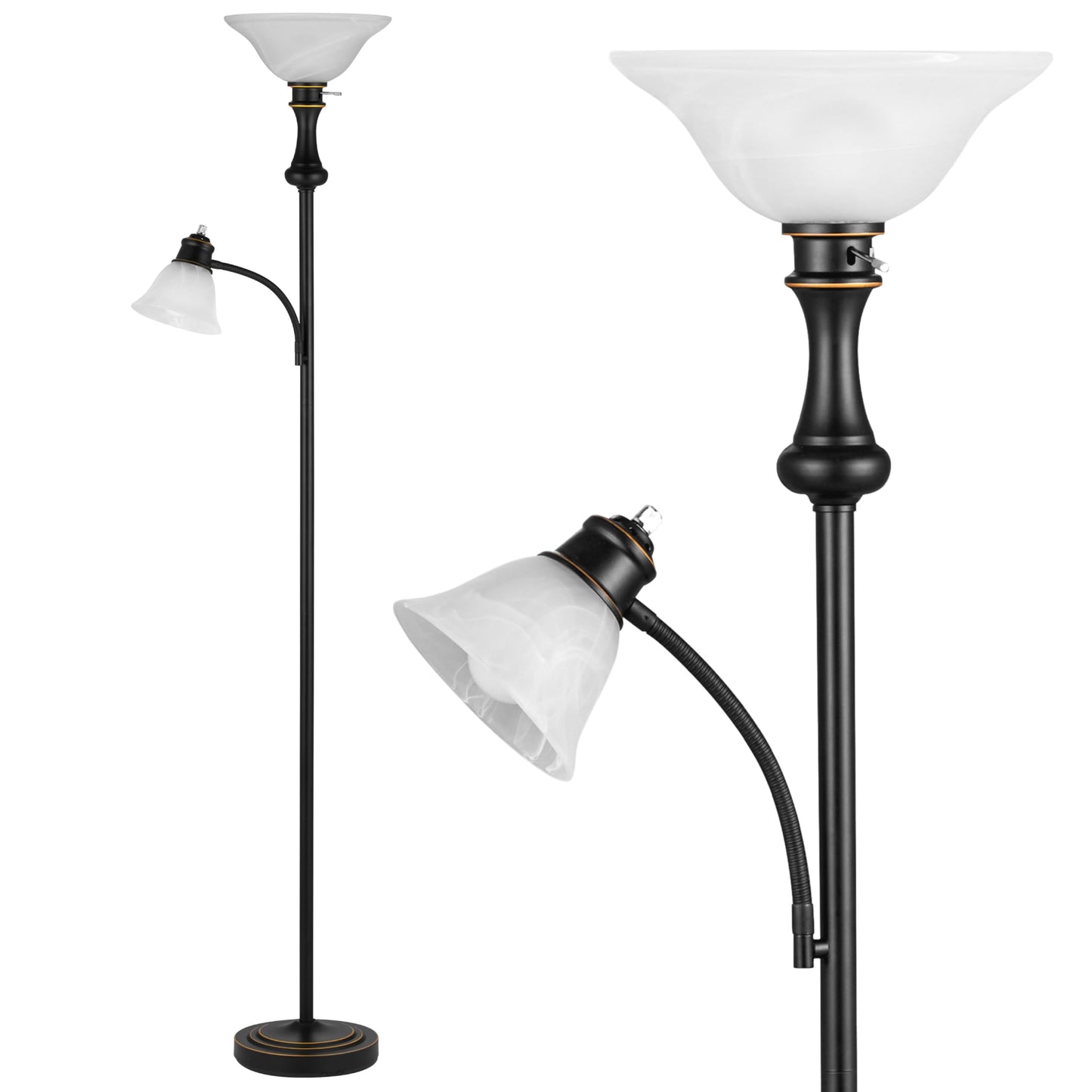 Leasgy 71'' Floor Lamps for Living Room, Tall Floor Lamp for Bedroom with Adjustable Angle Arc Reading lamp, Modern Torchiere Standing lamp with Glass Shade, Knob Switch, Bulb Included, Black