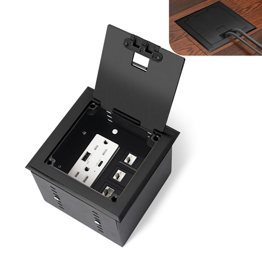 KYHSHJ Recessed Flat Hidden Socket Kit with 2 * 15A Receptacle，4.8A 1 USB-A Ports &1 USB-C Port+3-Port RJ45 Datacom Receptacle. Internal Height Adjustable，Corrosive Resistant Hardware,Black