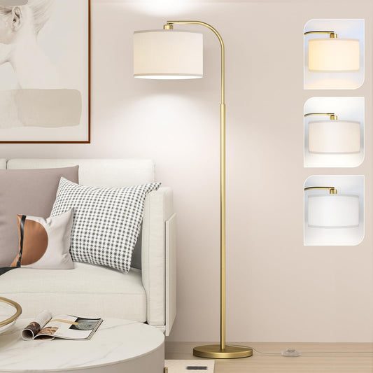 CNXIN Arc Floor Lamps for Living Room with 3 Color Temperatures, Modern Floor Lamp Reading Light with 9W Bulb Included, Standing Lamp with Adjustable White Hanging ‎Lampshade for Bedroom Office(Gold)