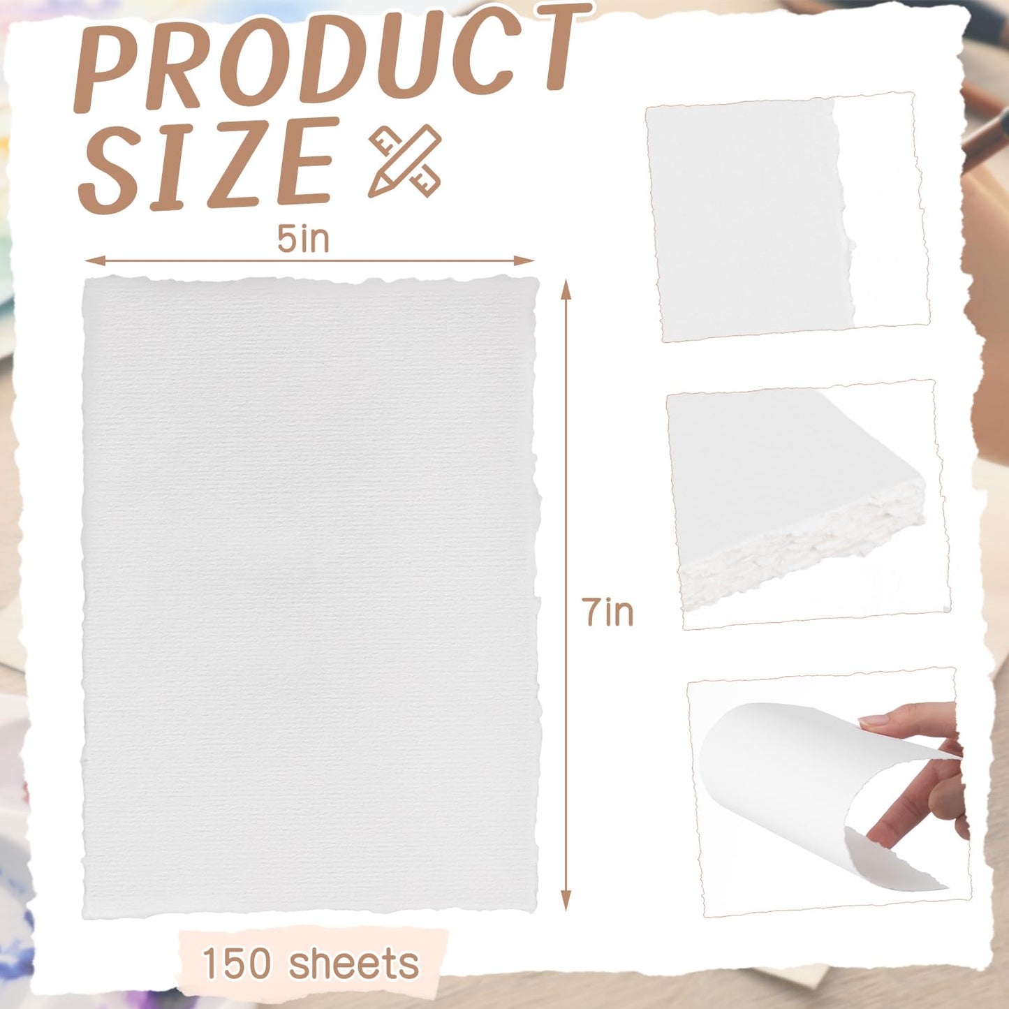 Humyoun 150 Sheets 5x7 Inch Watercolor Handmade Paper, 300 GSM Deckled Edge Textured Cotton Paper for Wedding Invitations, Cards, Sketching, Crafts, Watercolor