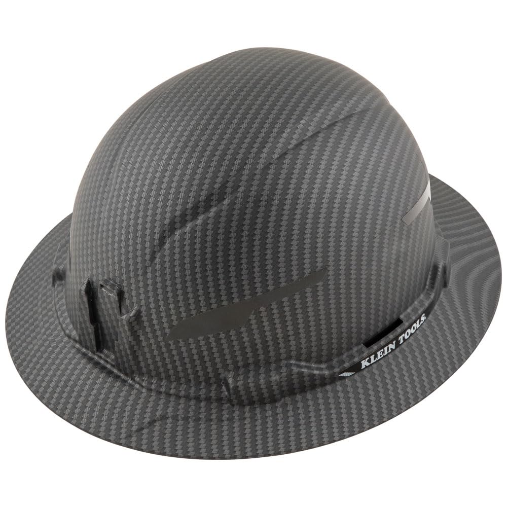 Klein Tools Hard Hat, Non-Vented Full Brim, Premium KARBN Pattern, Class E, Tested up to 20kV, Padded Sweat-Wicking Sweatband, Top Pad