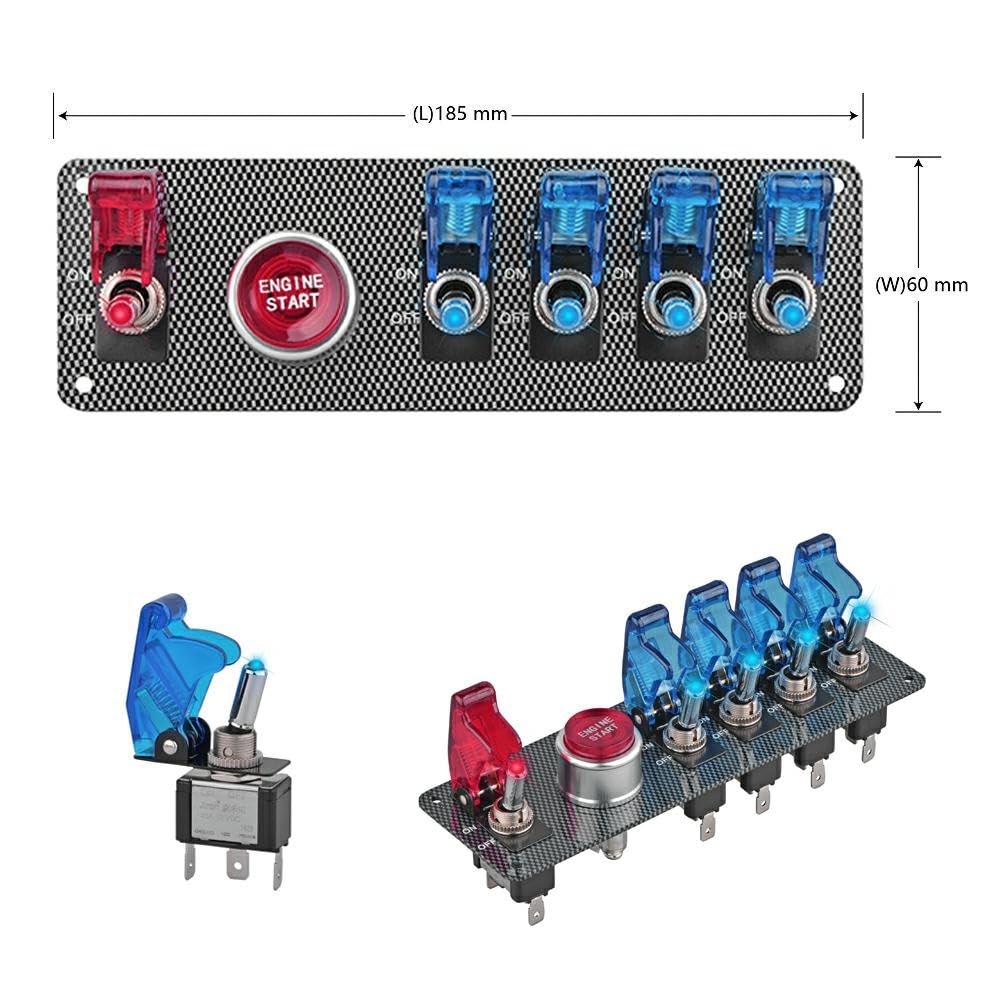Jtron dc12v flip-up Ignition Switch Panel,5 in 1 car Engine Start Push Button led Toggle Switch Panel for Racing Sport Competitive car (4 Blue 1 Red)