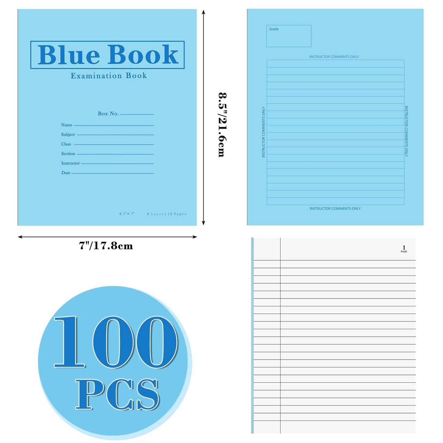 Skyygemm 100 Pack Exam Blue Book, Blue Test Book, 8.5" x 7", 8 Sheets 16 Pages, Wide Ruled Saddle Stitched Examination for School Office Home Business