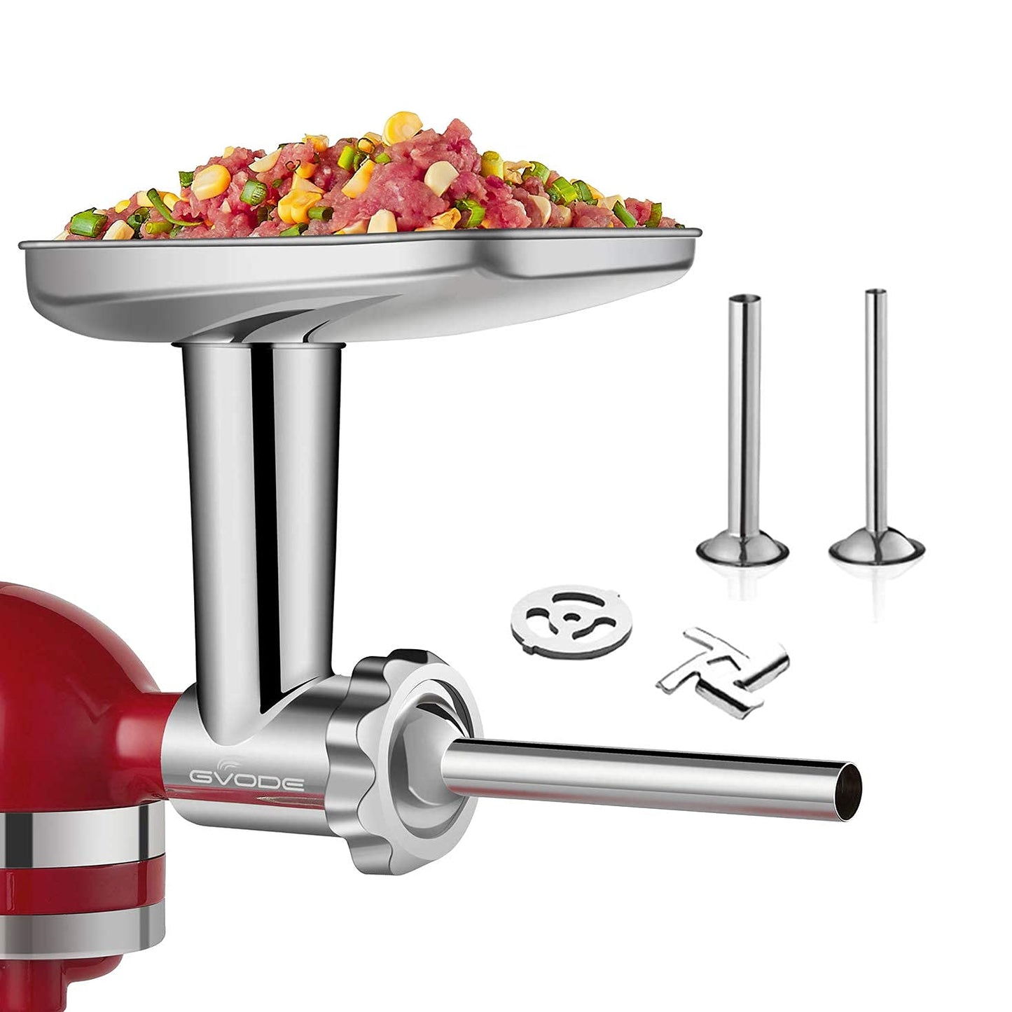 GVODE Stainless Steel Meat Grinder Attachment for KitchenAid Stand Mixer, Meat Grinder for KitchenAid Includes 4 Grinding Plates & 3 Sausage Tubes, Dishwasher-Safe Design with Sausage Stuffer Kit