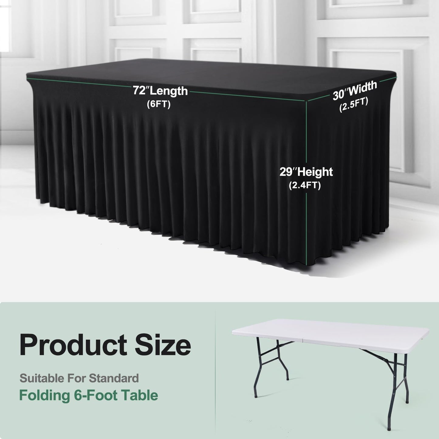 BDDC Table Skirts for Rectangle Tables 6ft - 2 Pack One-Piece Black Tablecloths and Skirt, Wrinkle Resistant Ruffles Elastic Cover for Banquets, Weddings, Events, Parties