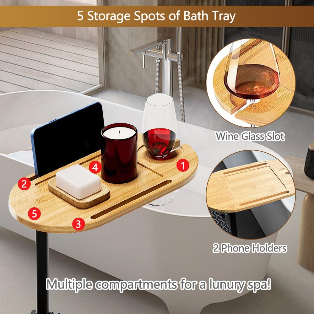 BeGyoku 3 Layer Bathtub Tray Table,Bamboo Swivel Bathtub Side Table Height Adjustable,Freestanding Bathtub Tray for Tub Against Wall,Bathtub Accessories&Bathroom Organizer for Luxury Home Spa-Natural