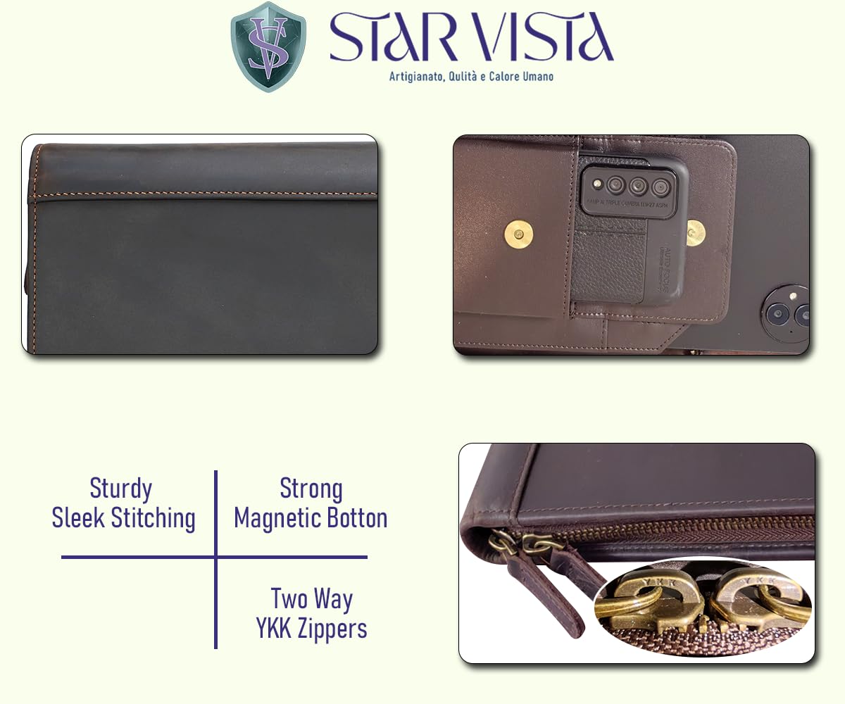 STAR VISTA Flamingo Full Grain Cowhide Leather Portfolio Padfolio, Folder with Dual YKK Zippers, Notebook Binder for A4/Pad, Sleeve for 13" Tablet & 6.8" Phone, Business, Meeting or Travel Mate