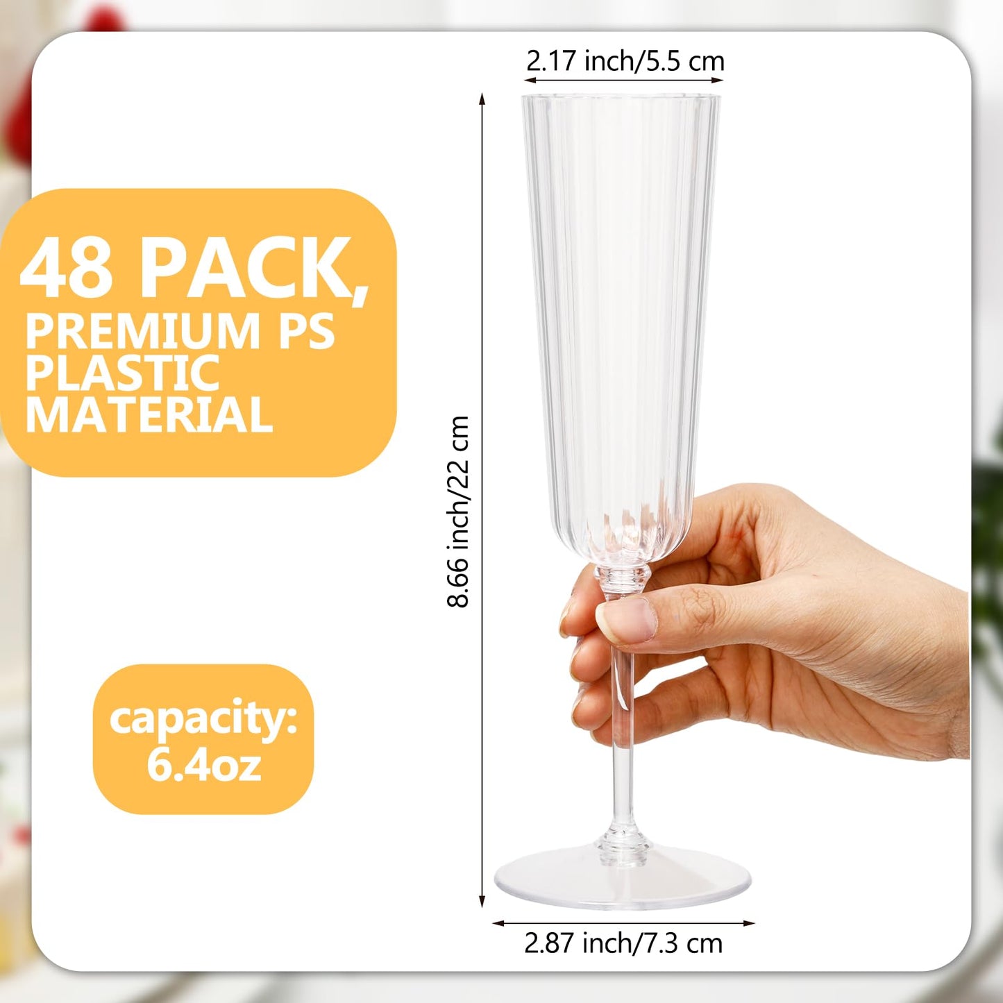 Jingmore 48 Pcs Plastic Ribbed Champagne Flutes With Stem, 6.4 oz Clear Vintage Disposable Champagne Glasses for Wedding Birthday Anniversary (Clear)