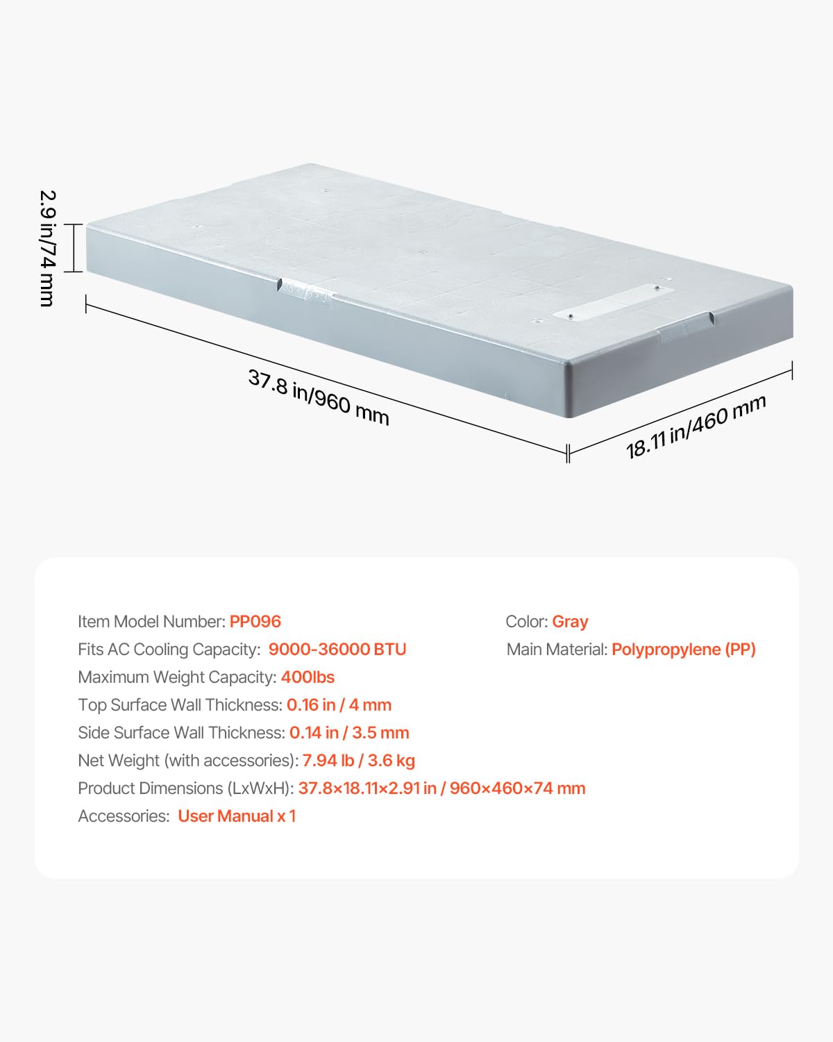 VEVOR Mini Split Pad, for 9000-36000BTU Ductless Air Conditioner Heat Pump Systems, 38 x 18 x 3 inch Plastic Outdoor Condenser Equipment Anti-Vibration Pads for Heat Pump System, Max Load 400 lbs