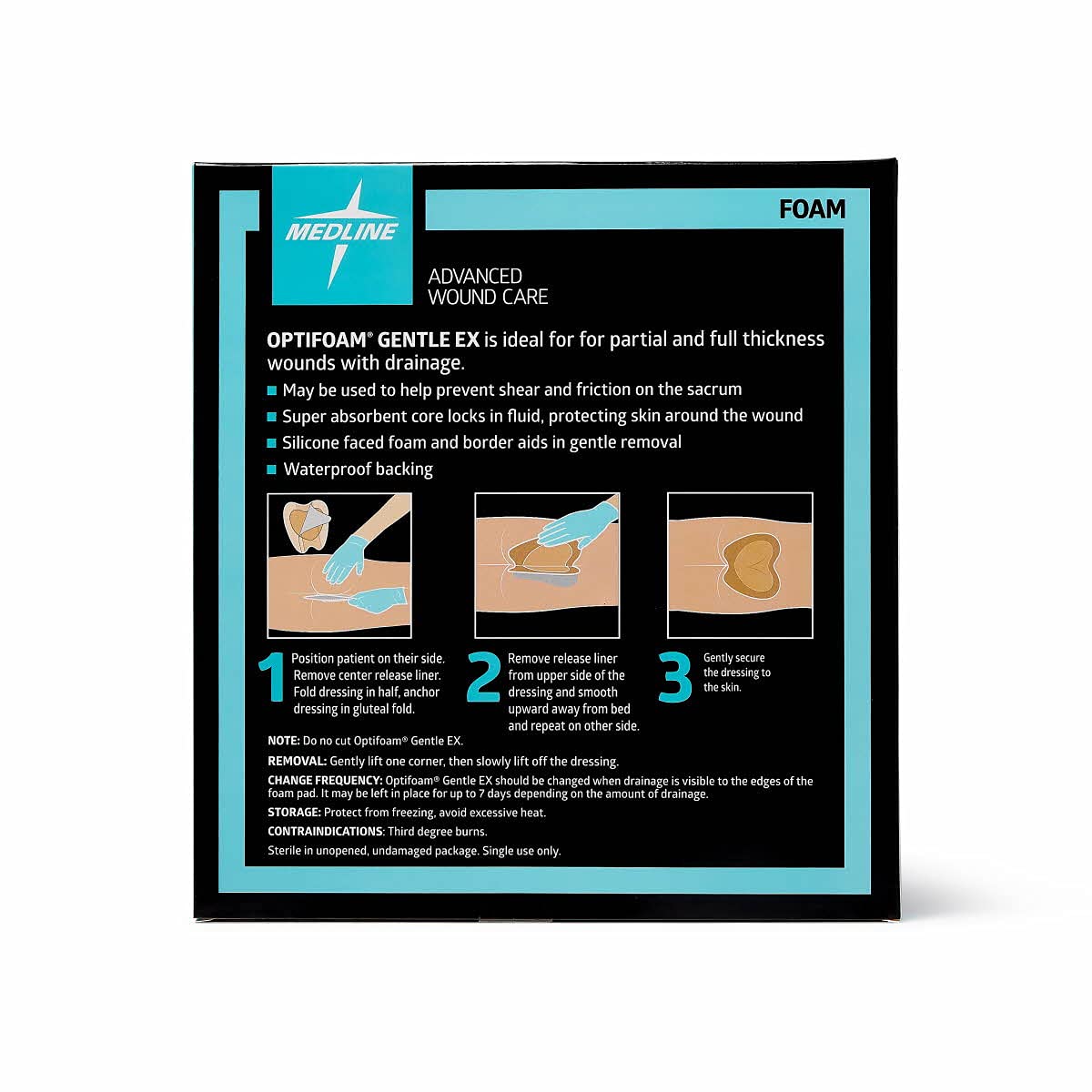 Medline Optifoam Gentle EX Bordered Foam Adhesive Dressing, 7" x 7" Sacral (5 Count)
