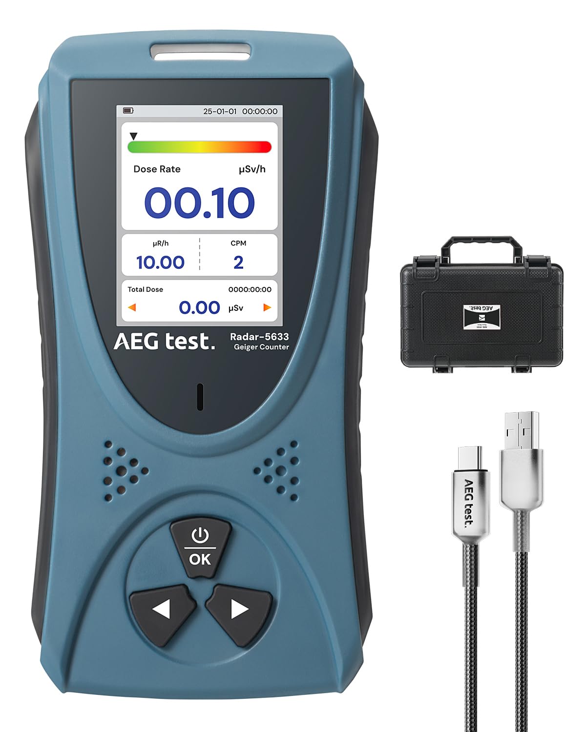 Radiation Detector AEGTEST Radar-5633 Portable Nuclear Radiation Detector with LCD Screen, Rechargeable Dosimeter for Beta Gamma X-ray Detection, Measures in CPM μSv/h μR/h μSv - Blue