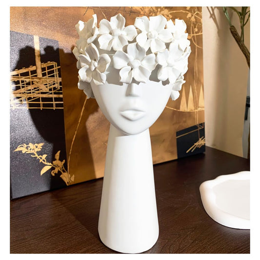 Ceramic Sculpture Female Head Face Flower Vase Decoration, Unique White Centerpiece for Home Decor