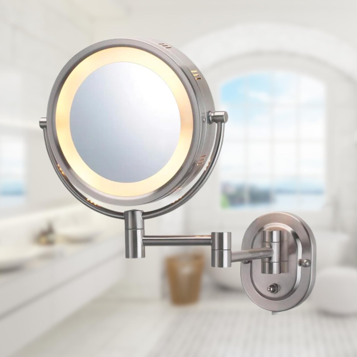 JERDON Two-Sided Wall-Mounted Makeup Mirror with Halo Lighting - Lighted Makeup Mirror with 5X Magnification & Wall-Mount Arm - Plug in Round Mirror with Nickel Finish Wall Mount - Model HL65N