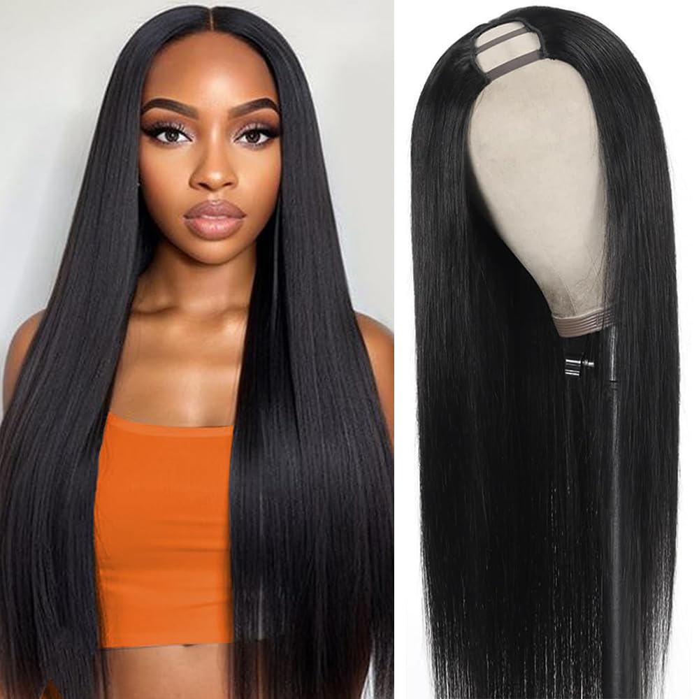 Nvnvdij U Part Wigs Straight Brazilian Virgin Human Hair 2''x 4'' U Shape Glueless Wigs 180% Density Natural Black With Straps Combs For Black Women (22 Inch, Straight)