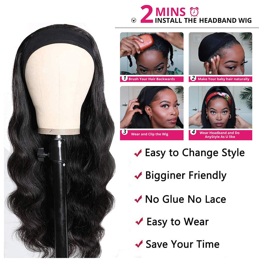 olimaruly Headband Wig Human Hair Body Wave Headband Wigs for Black Women 18 Inch Brazilian Virgin Hair Glueless None Lace Front Wig Human Hair Headband Wig 150% Density Natural Color