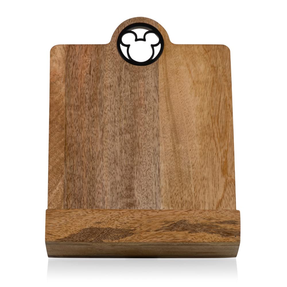 PICNIC TIME Disney Mickey Mouse Cookbook Stand and Tablet Holder, Mango Wood Folding Recipe Book Stand with Metal Mickey Icon, Countertop Kitchen Display Stand, (Mango Wood)
