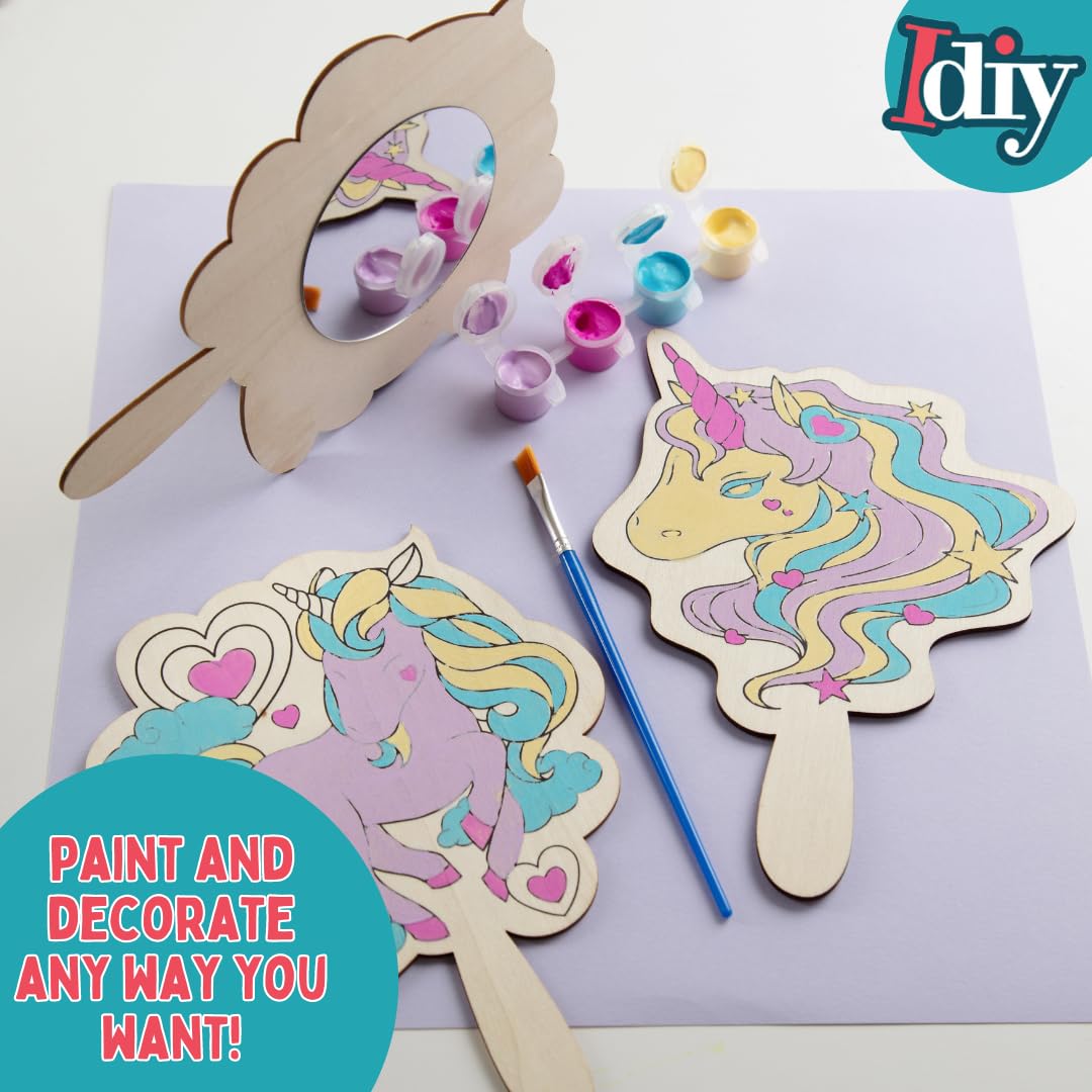 Idiy Paint Your Own Mirror Kids Party Craft Kits(12 Unicorn Friends Wood Mirrors w Paints)-Each Kit Has its Own Brush, Paint, & Project-Fun, Unique Birthday Favors, Classroom School Activity Gift