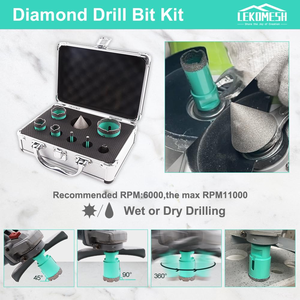 LEKOMESH Diamond Core Drill Bits Set 8pcs Tile Hole Saw Kit for Porcelain Tile Ceramic Marble Brick Concrete with 5/8-11 Thread(6/6/20/25/35/50mm+50mm Beveling Chamfer Bit+Triangle Shank Adapter)