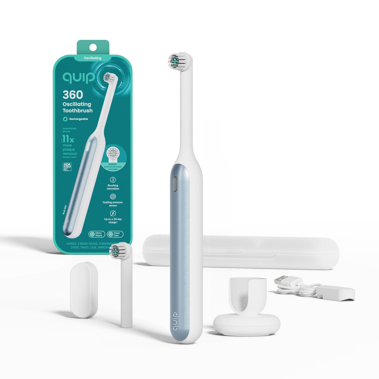 Quip 360 Oscillating Rechargeable Electric Toothbrush with Extra Brush Head - Soft Bristles, Pressure Sensor, 3 Intensities, 30-Day Battery Life, 2-Min Timer, Travel Case, Mirror Mount - Blue Mist