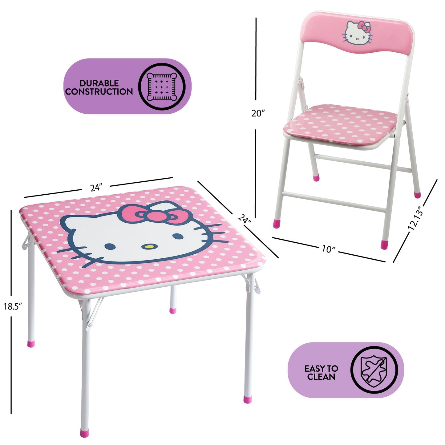 Hello Kitty Kids Activity Table and Chair Set, 3-Piece Square Table with 2 Folding Chairs, Sanrio Character Design,Furniture Set for Ages 3+