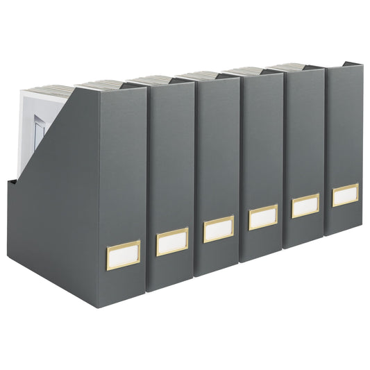 BLU MONACO | Set of 6 Foldable Grey Magazine File Holders with Gold Label Holders | Vertical File Organizer Boxes for Desk, Bookshelf & Home Office Storage