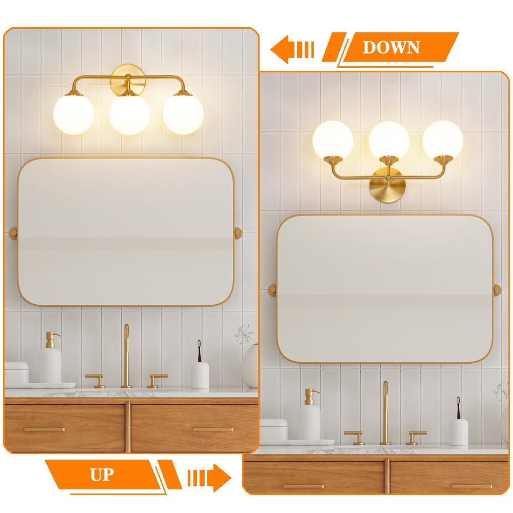 Modern Brushed Gold 3-Lights Vanity Light Fixtures with Milky White Glass Ball Shades, Mid Century Brass Wall Sconce Lighting Fixtures over Mirror, Wall Sconces for Bathroom Dressing Table Bedroom