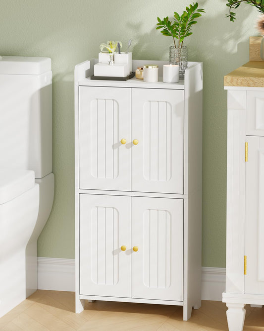 BEWISHOME Small Floor Cabinet, Toilet Paper Storage, Bathroom Storage Cabinet with 4 Doors and Shelves, Bathroom Organizers and Storage for Small Spaces, White 7.9" D x 14.6" W x 31" H YYG11W